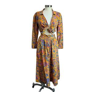 House of Harlow 1960 Dress Cheyna Orange Midi Tie Front Floral Cotton Dress Sz S